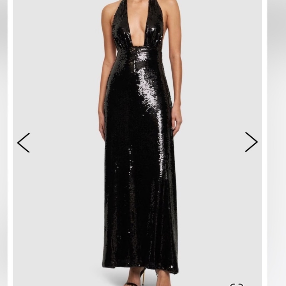 We Wore What sequin halter black dress